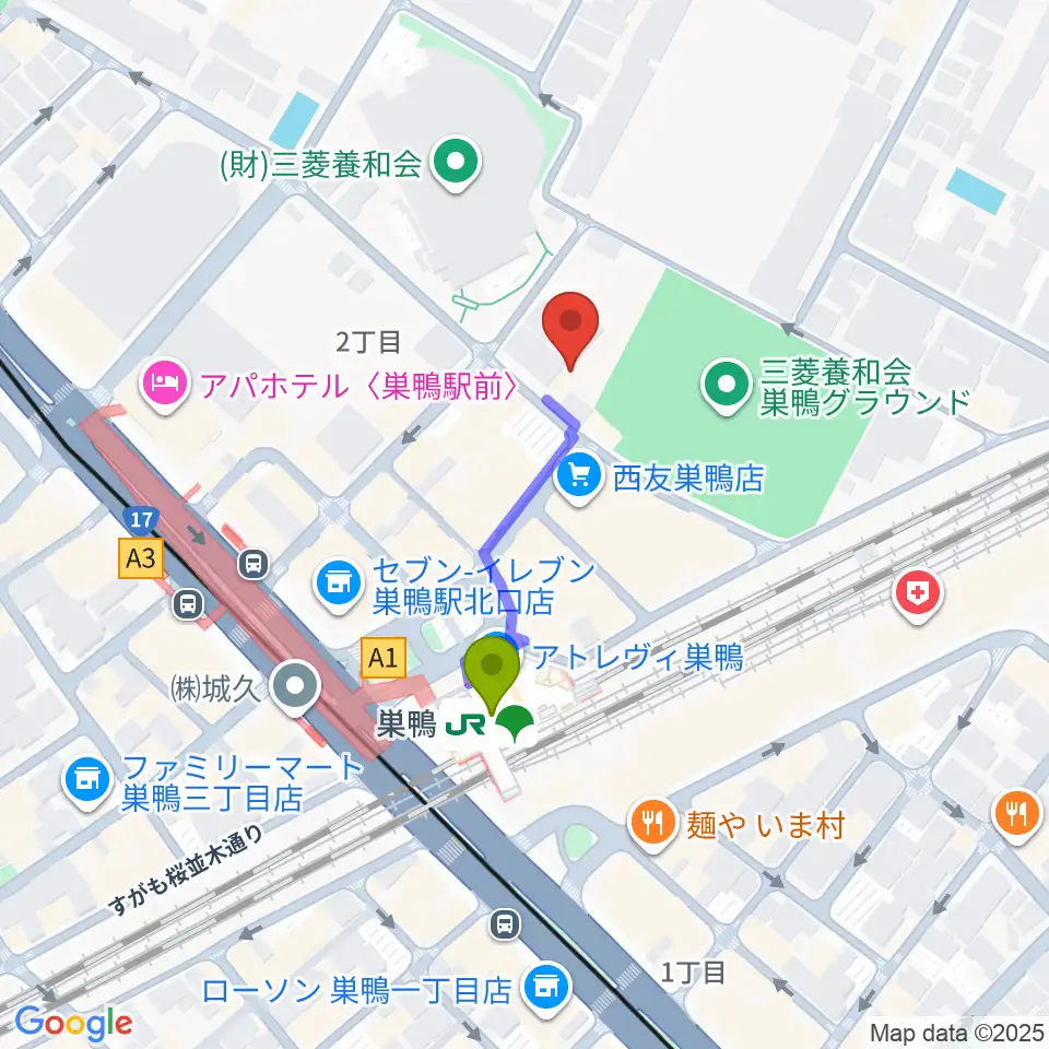 ミクロコスモスミュージックスクールの最寄駅巣鴨駅からの徒歩ルート（約3分）地図