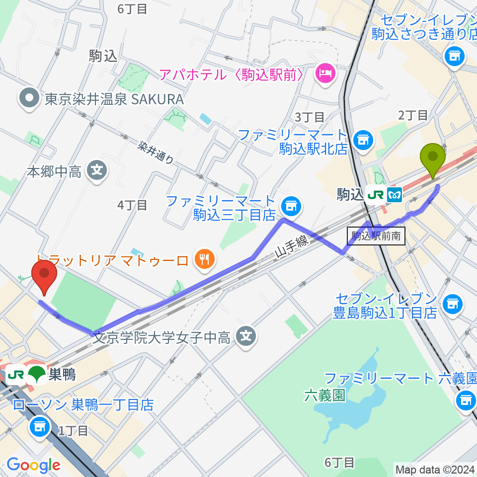 駒込駅からミクロコスモスミュージックスクールへのルートマップ地図