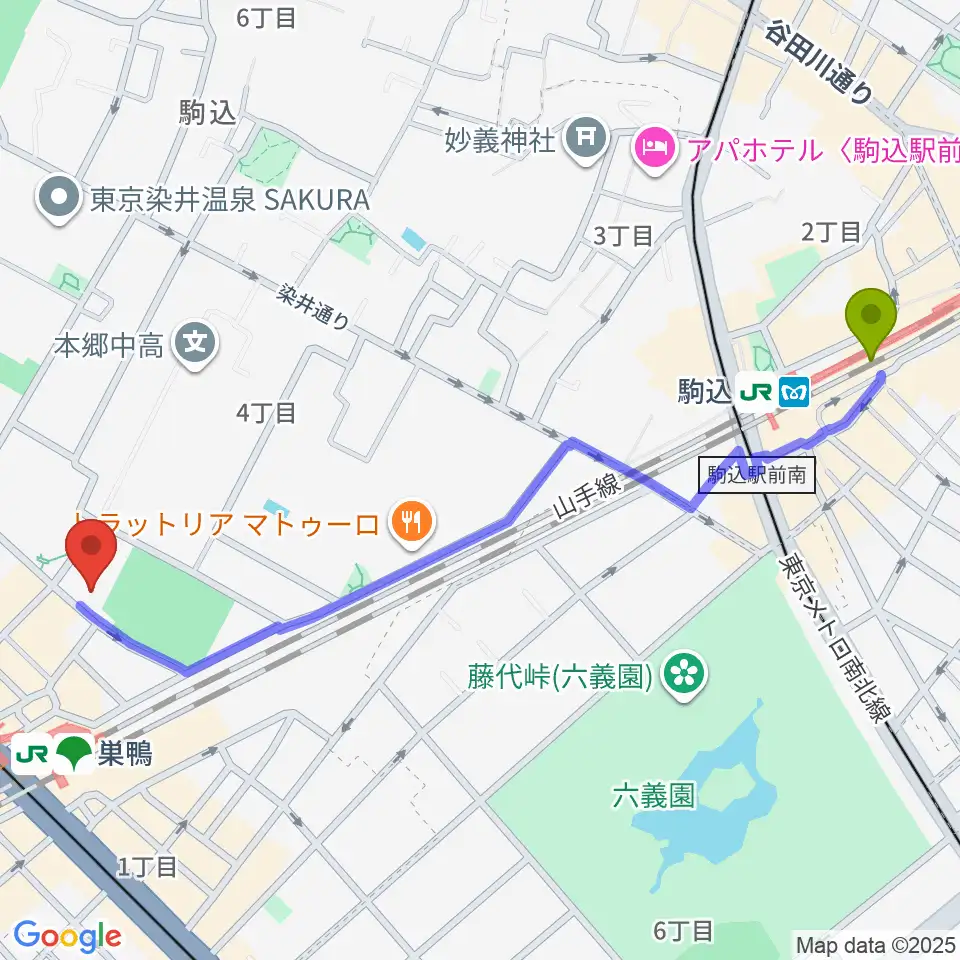 駒込駅からミクロコスモスミュージックスクールへのルートマップ地図