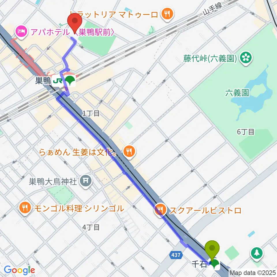 千石駅からミクロコスモスミュージックスクールへのルートマップ地図