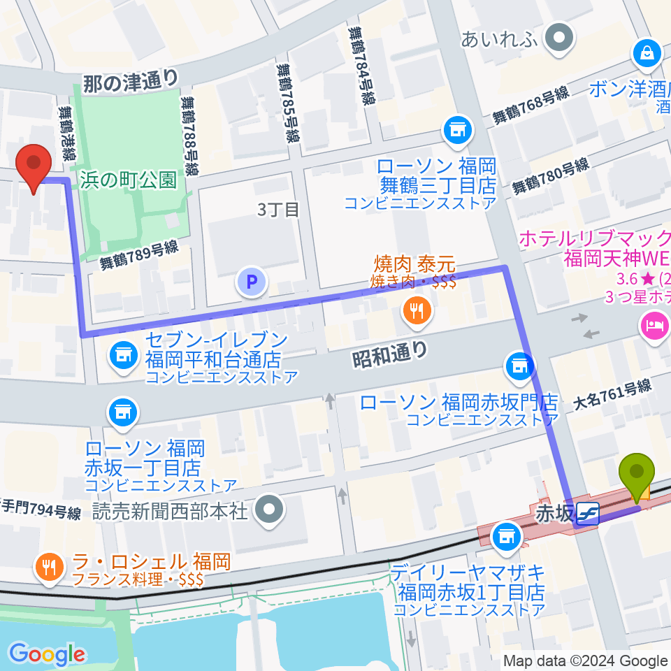 C＆S学院の最寄駅赤坂駅からの徒歩ルート（約8分）地図