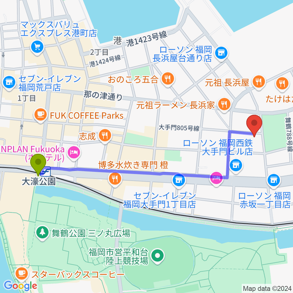 大濠公園駅からC＆S学院へのルートマップ地図