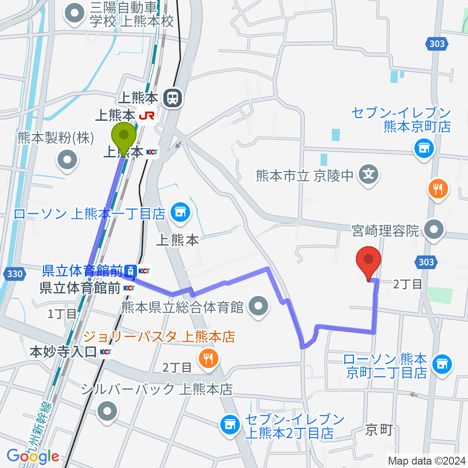 上熊本駅から村上誠一サックス＆ジャズ教室へのルートマップ地図