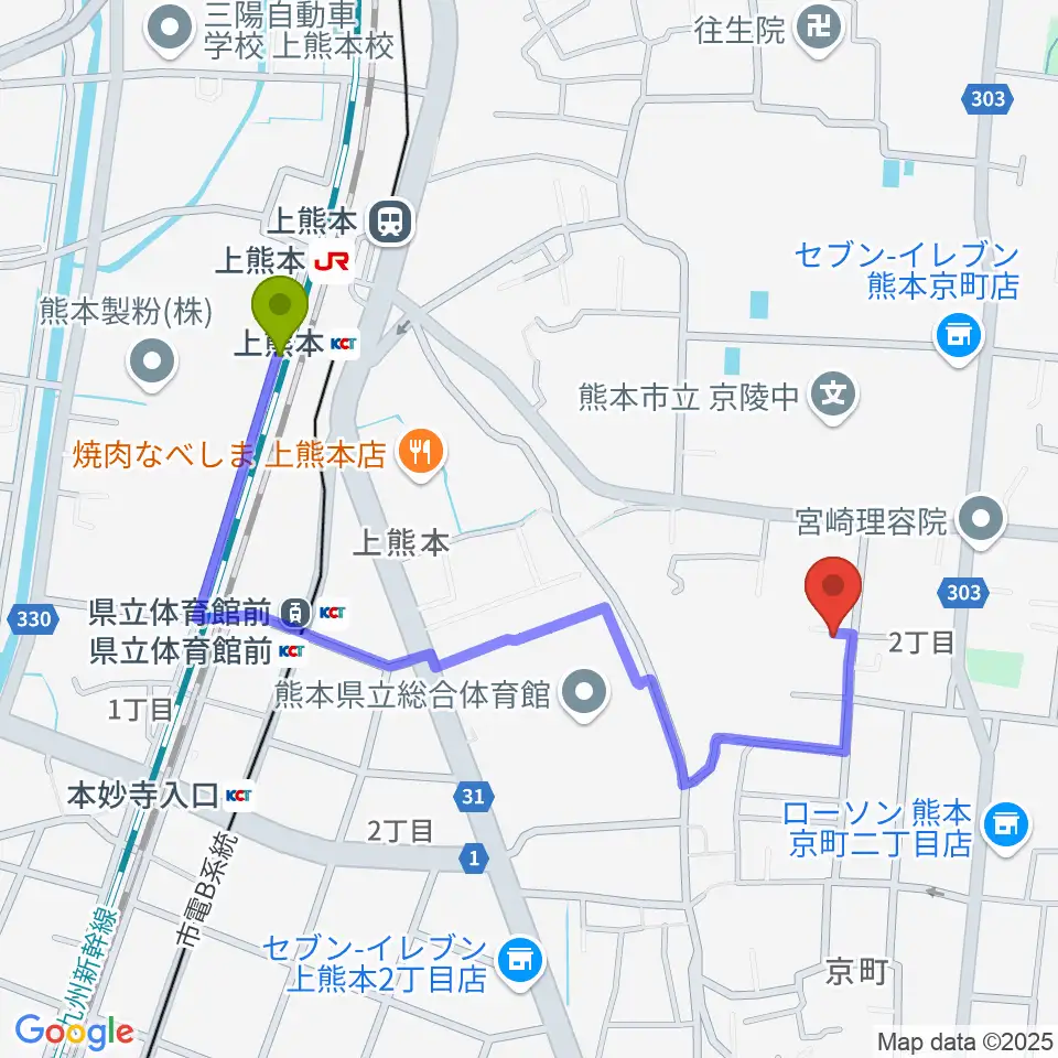 上熊本駅から村上誠一サックス＆ジャズ教室へのルートマップ地図