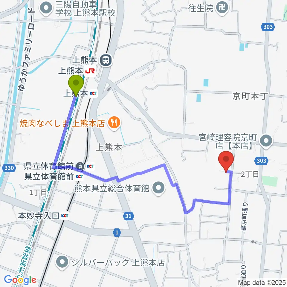 上熊本駅から村上誠一サックス＆ジャズ教室へのルートマップ地図