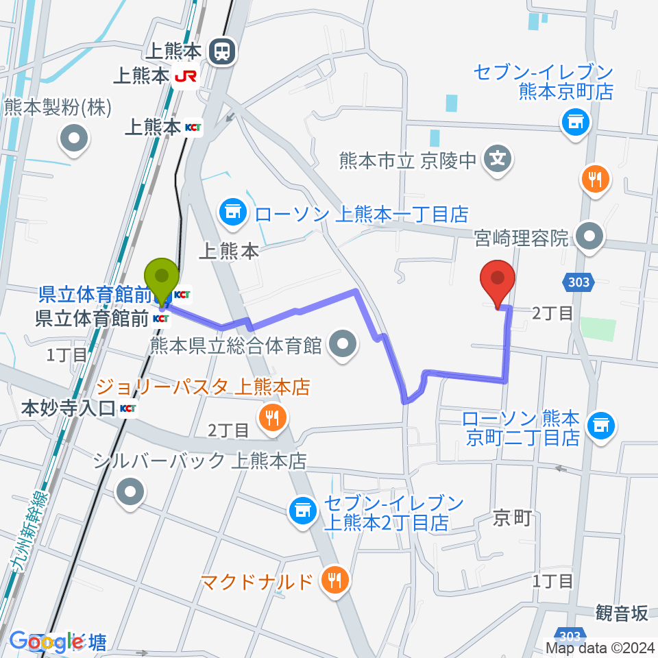 村上誠一サックス＆ジャズ教室の最寄駅県立体育館前駅からの徒歩ルート（約8分）地図