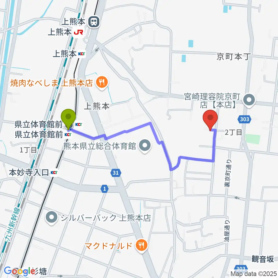村上誠一サックス＆ジャズ教室の最寄駅県立体育館前駅からの徒歩ルート（約8分）地図