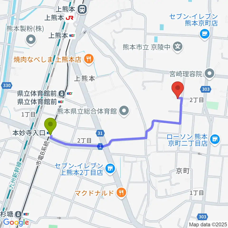 本妙寺入口駅から村上誠一サックス＆ジャズ教室へのルートマップ地図