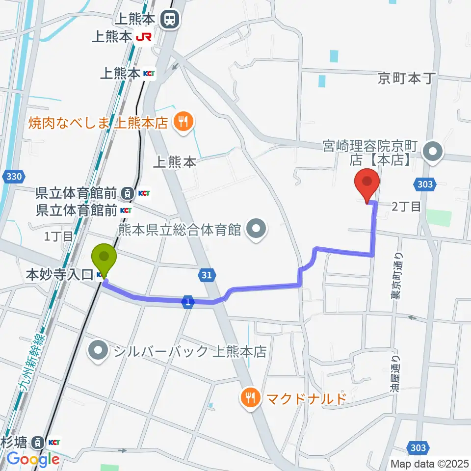 本妙寺入口駅から村上誠一サックス＆ジャズ教室へのルートマップ地図
