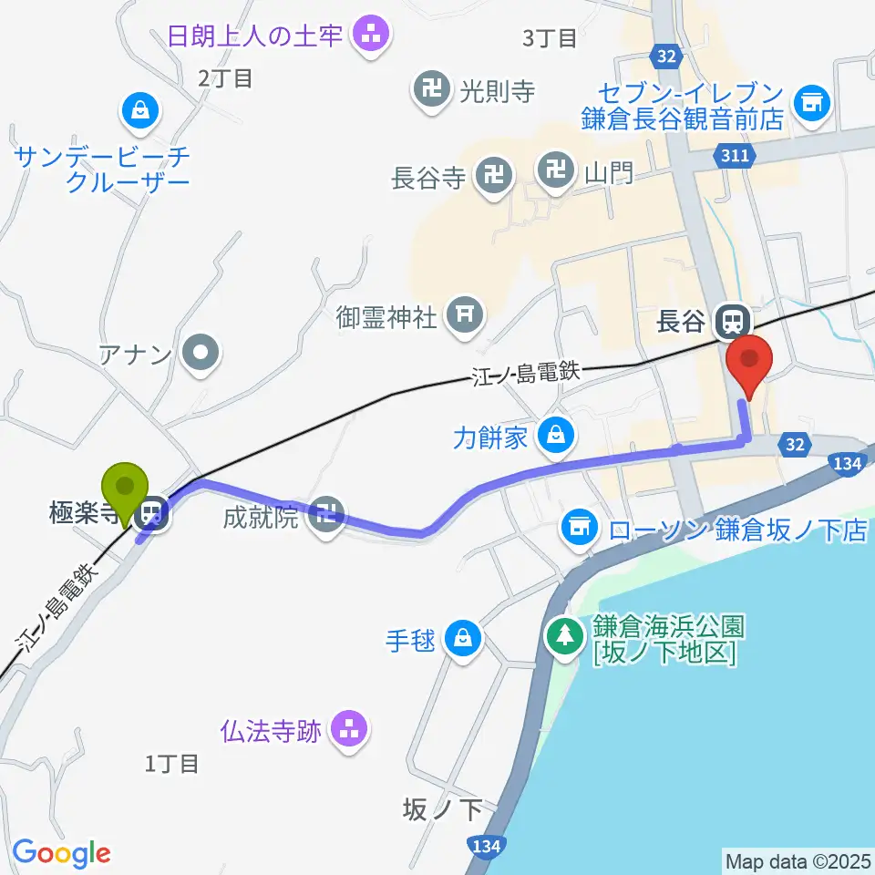 極楽寺駅からミュージックスクール・ガウリへのルートマップ地図