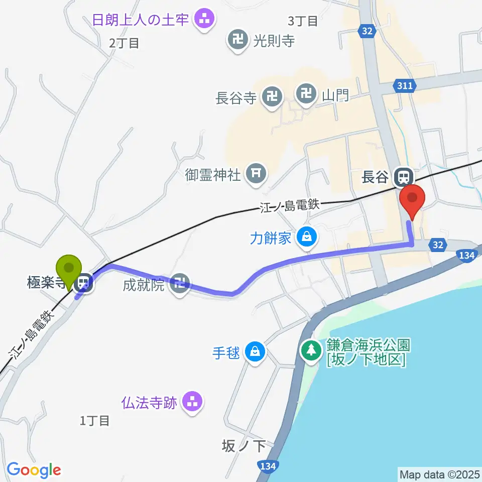 極楽寺駅からミュージックスクール・ガウリへのルートマップ地図