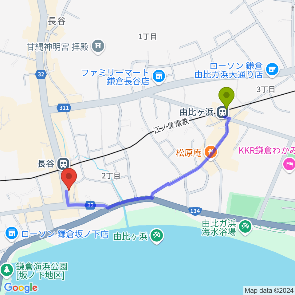 由比ヶ浜駅からミュージックスクール・ガウリへのルートマップ地図