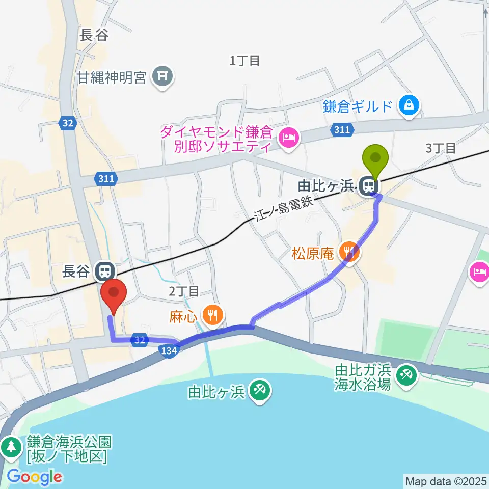 由比ヶ浜駅からミュージックスクール・ガウリへのルートマップ地図