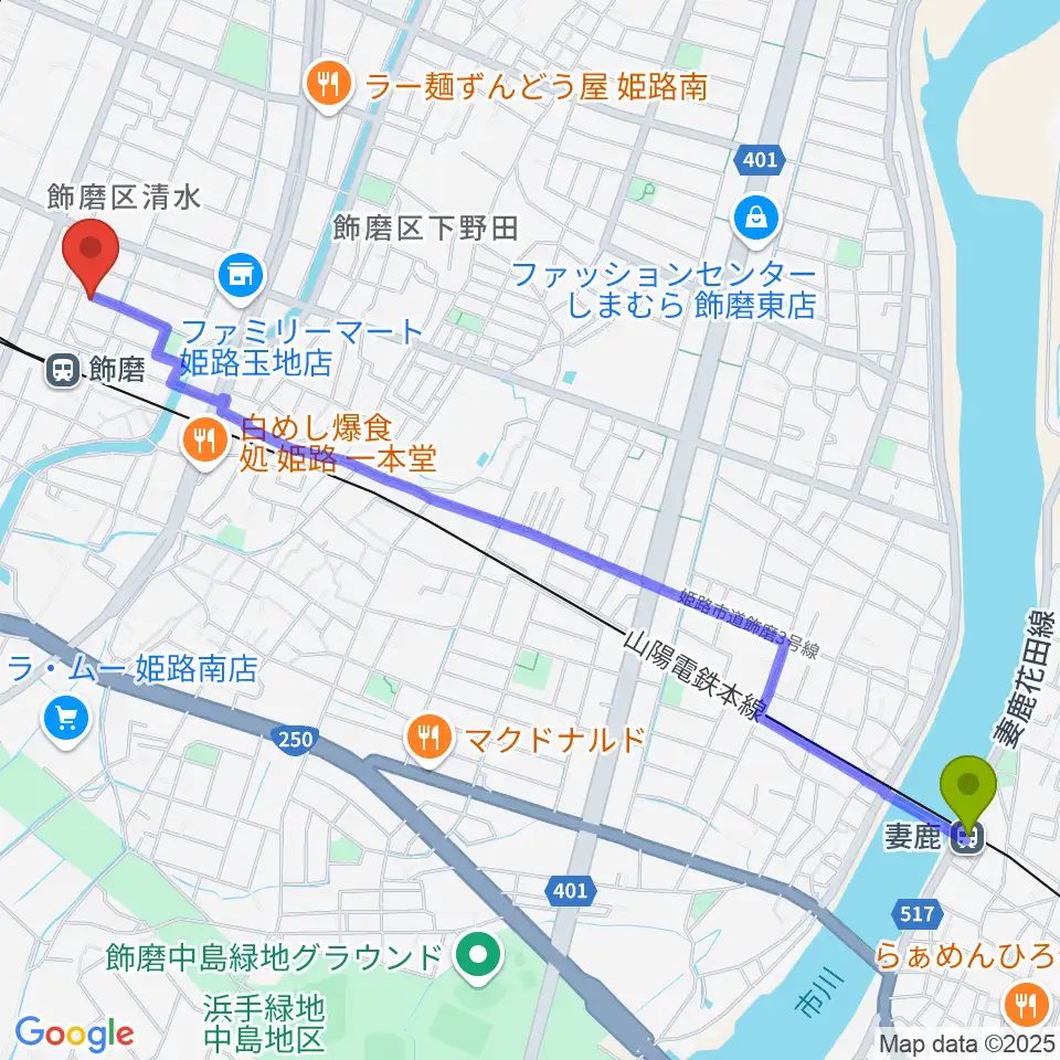 妻鹿駅からなるせ音楽教室へのルートマップ地図