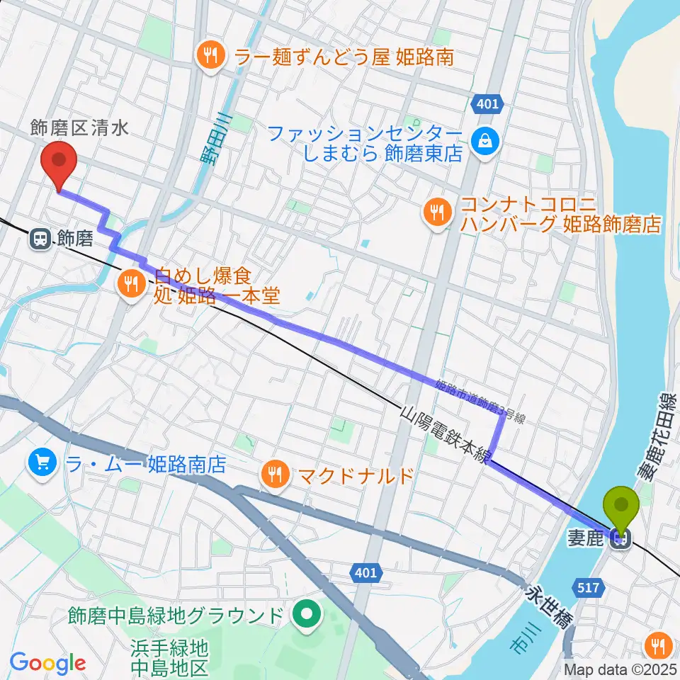 妻鹿駅からなるせ音楽教室へのルートマップ地図