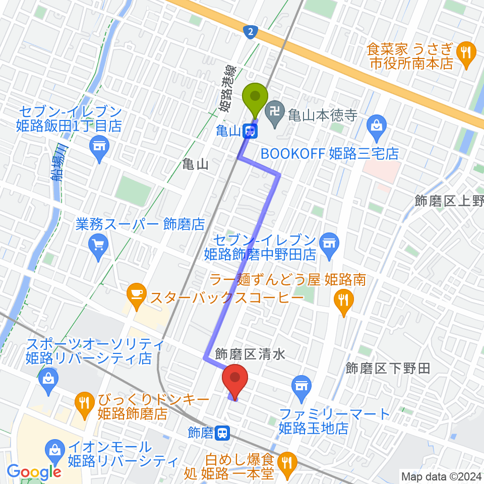 亀山駅からなるせ音楽教室へのルートマップ地図