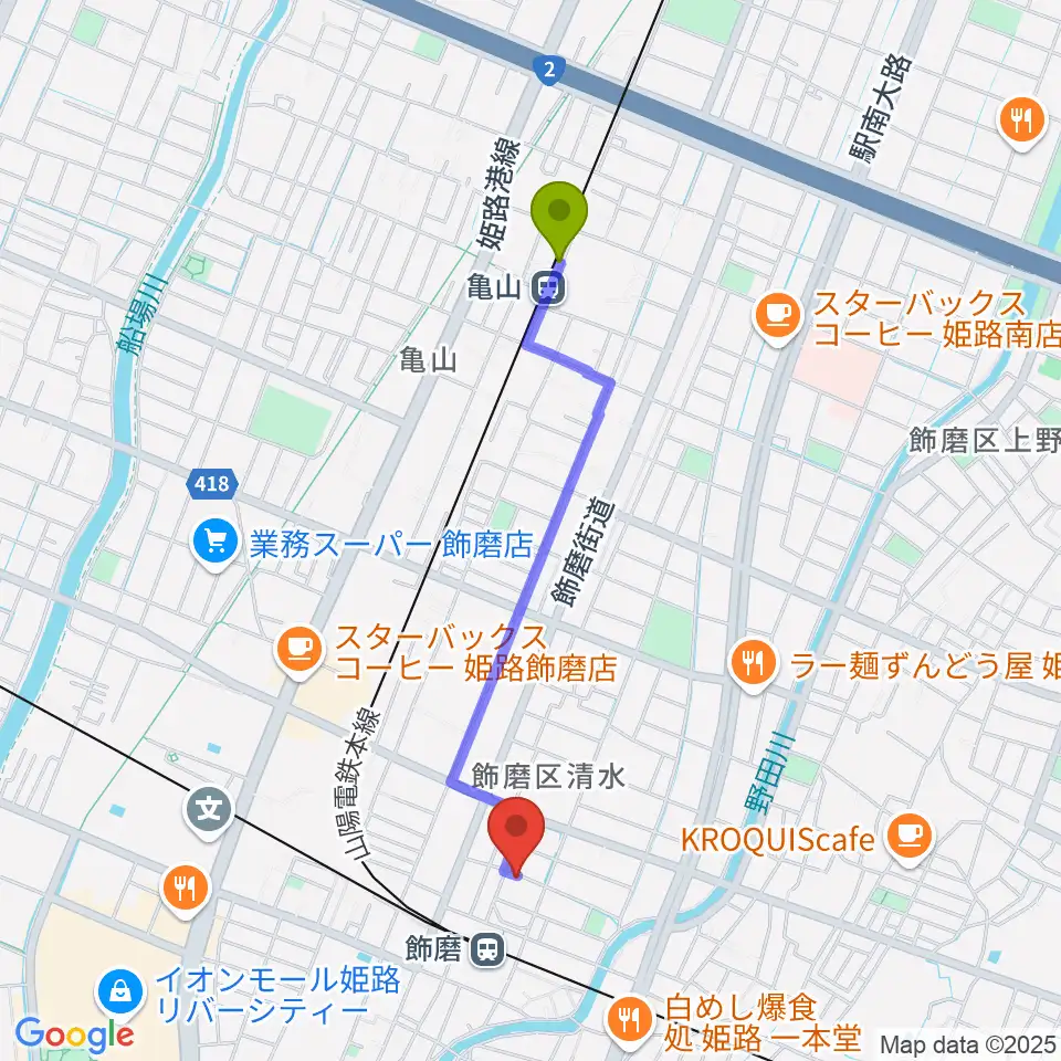 亀山駅からなるせ音楽教室へのルートマップ地図