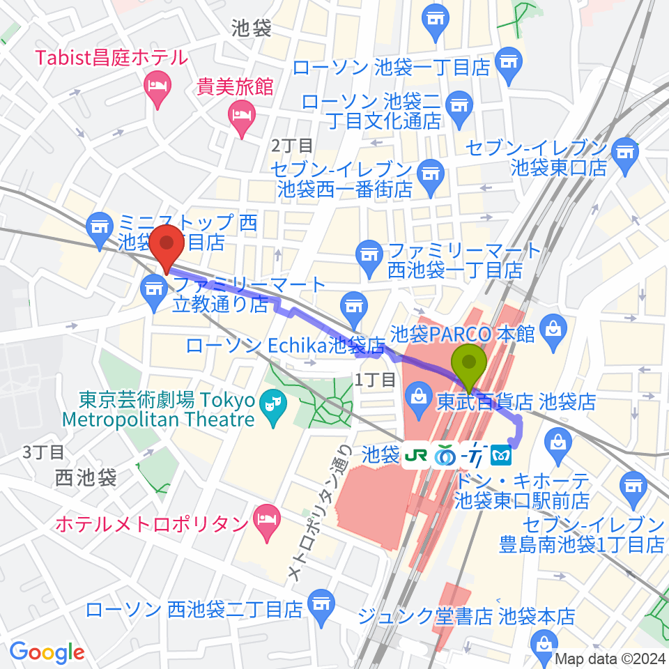 ジャパンO・N・Oミュージックアカデミーの最寄駅池袋駅からの徒歩ルート（約8分）地図