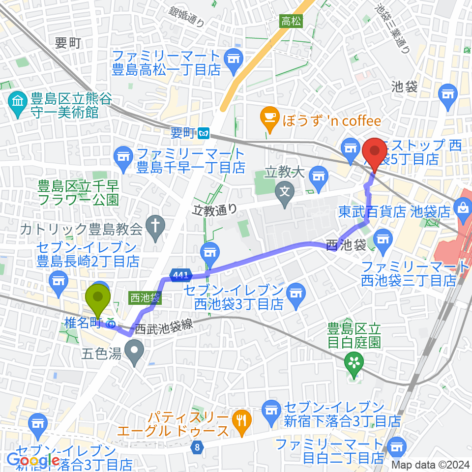 椎名町駅からジャパンO・N・Oミュージックアカデミーへのルートマップ地図