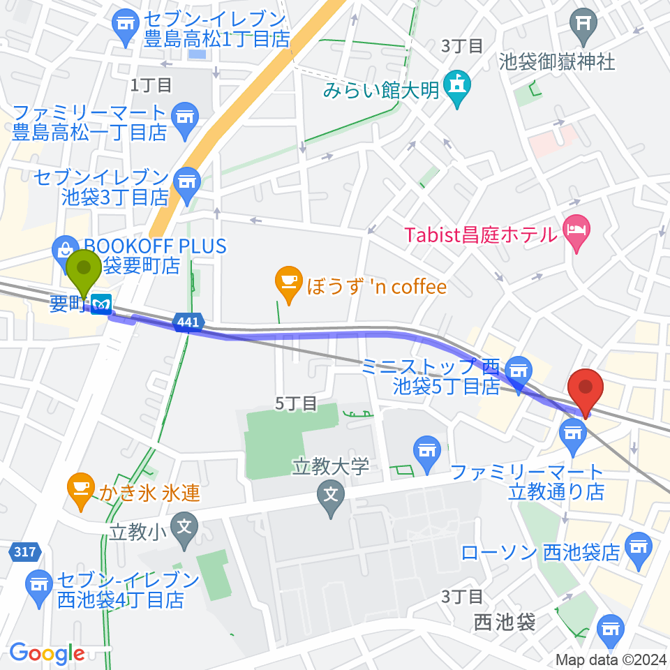 要町駅からジャパンO・N・Oミュージックアカデミーへのルートマップ地図