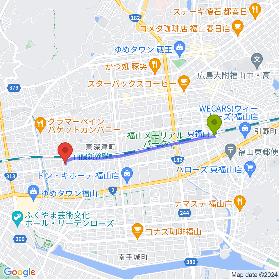 東福山駅から三木音楽塾へのルートマップ地図