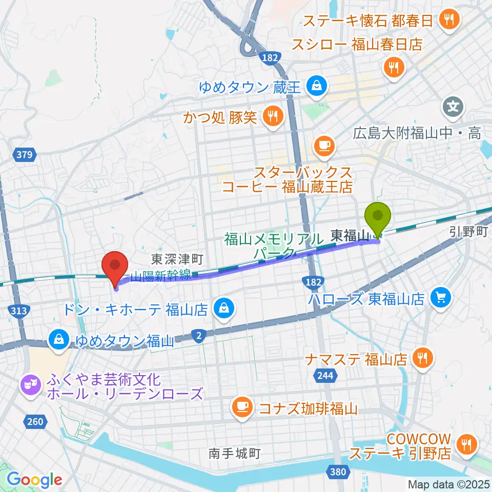 東福山駅から三木音楽塾へのルートマップ地図