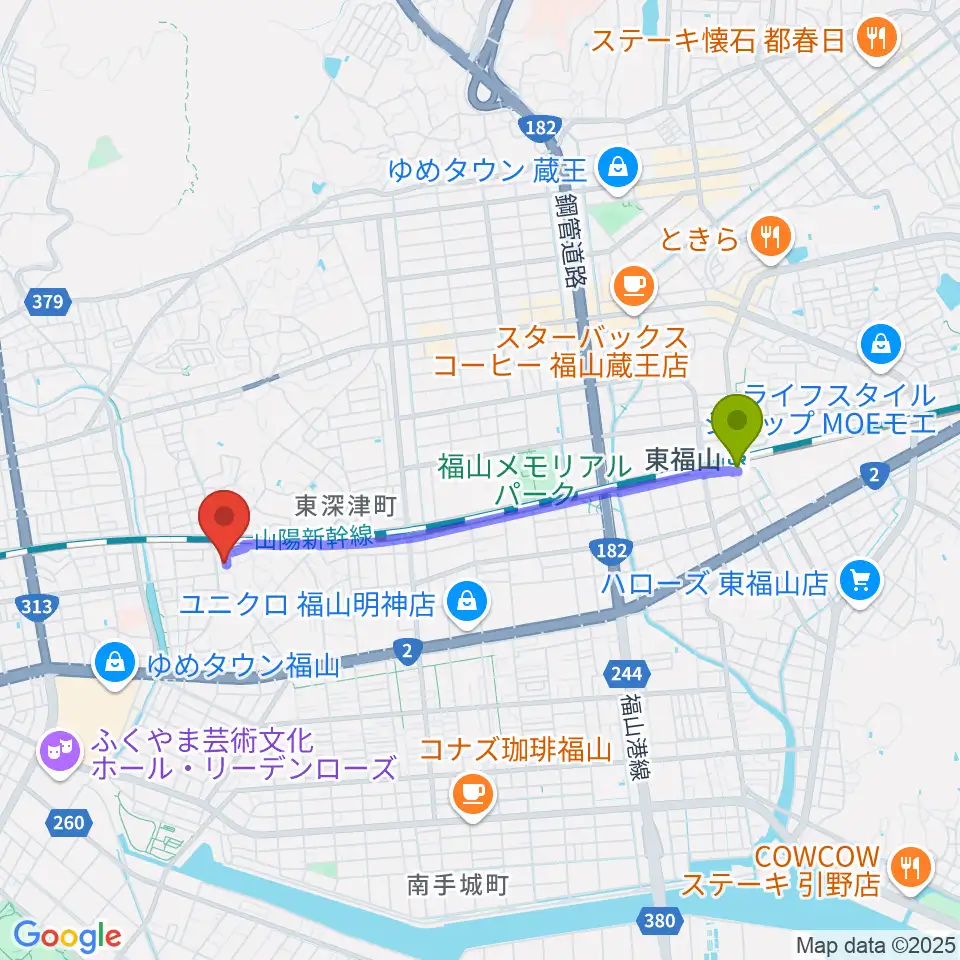 東福山駅から三木音楽塾へのルートマップ地図