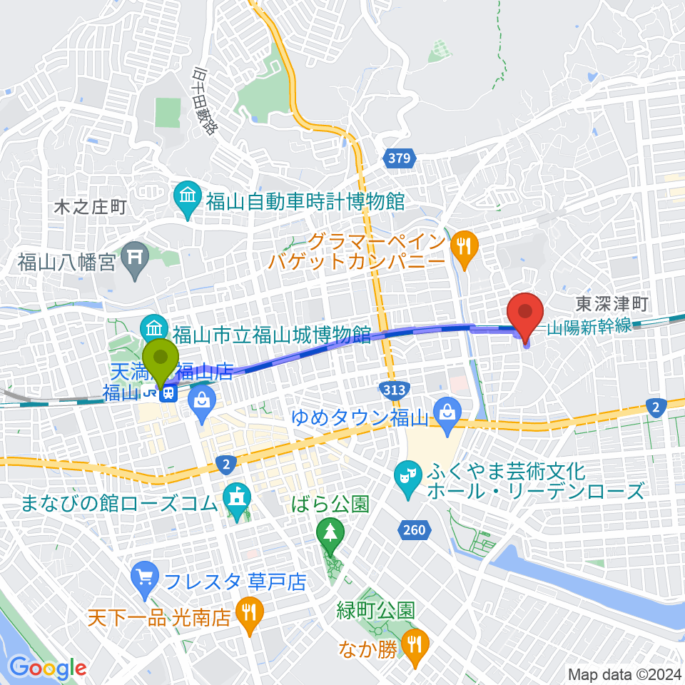 三木音楽塾の最寄駅福山駅からの徒歩ルート（約34分）地図