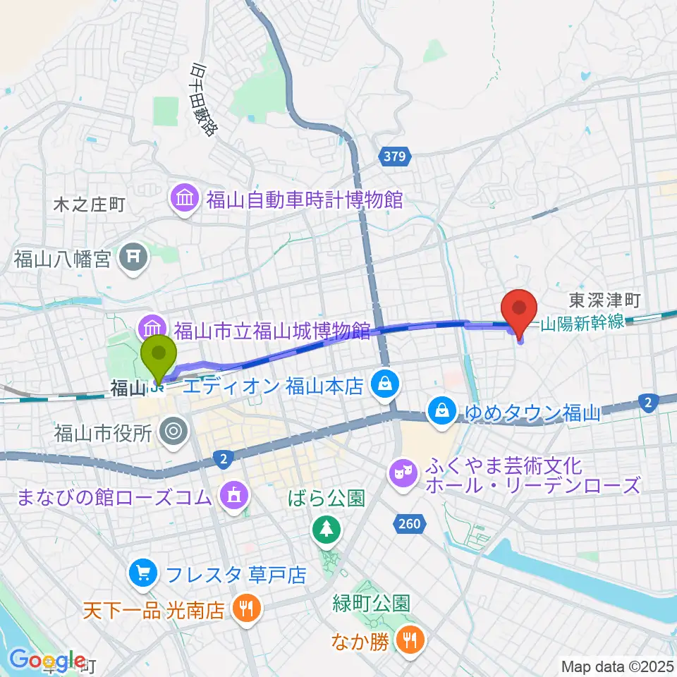 三木音楽塾の最寄駅福山駅からの徒歩ルート（約34分）地図