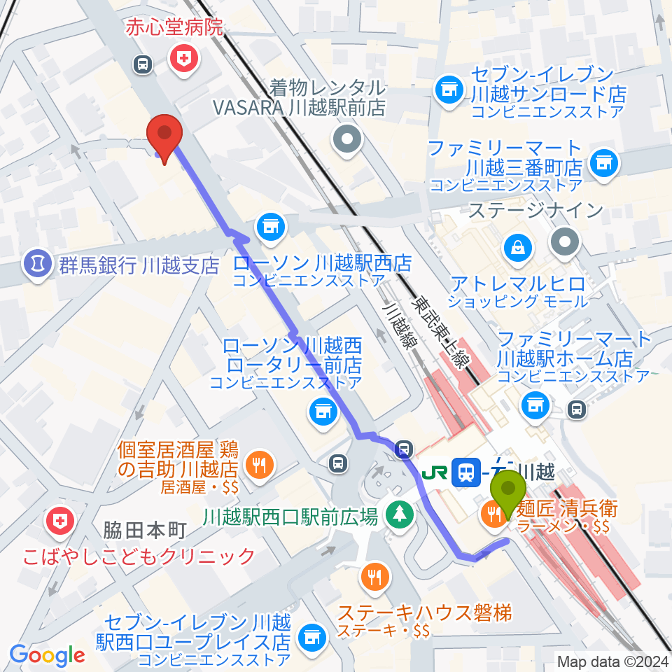 トミースマイル音楽教室の最寄駅川越駅からの徒歩ルート（約6分）地図