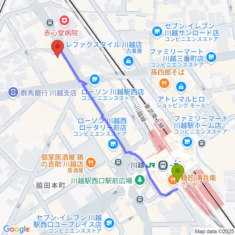 トミースマイル音楽教室の最寄駅川越駅からの徒歩ルート（約6分）地図