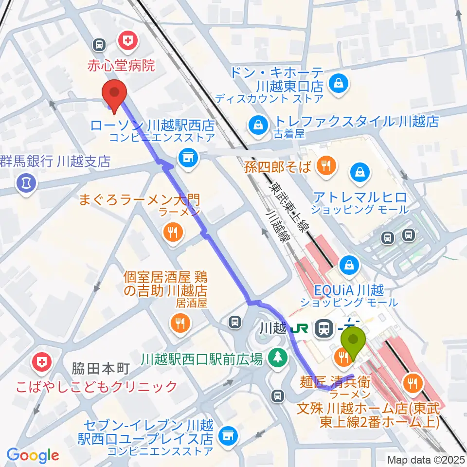 川越駅からトミースマイル音楽教室へのルートマップ地図