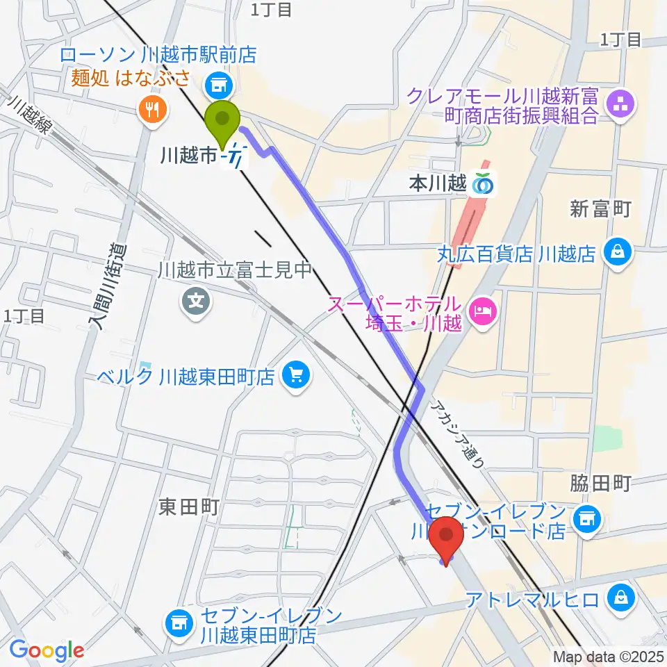 川越市駅からトミースマイル音楽教室へのルートマップ地図