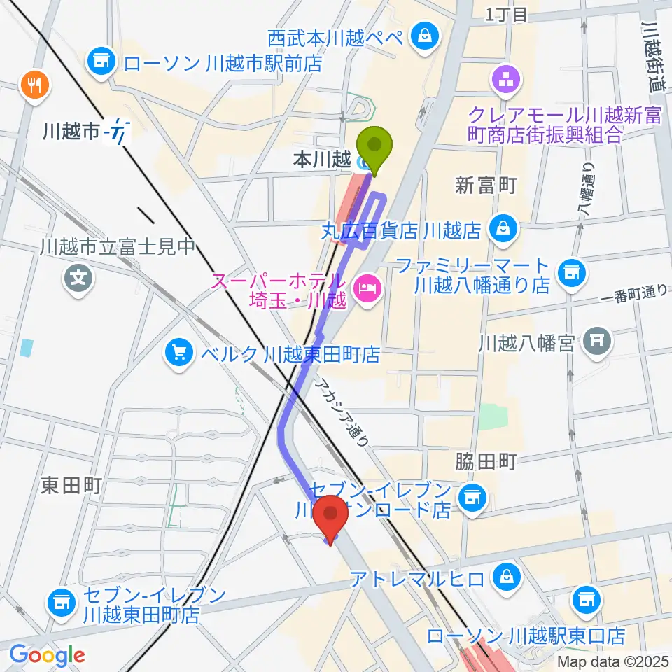 本川越駅からトミースマイル音楽教室へのルートマップ地図