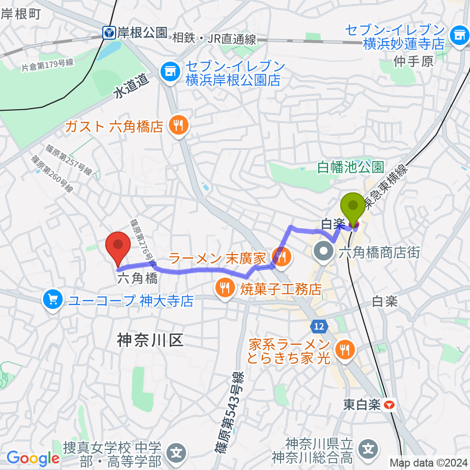 白楽駅から横田ピアノ教室へのルートマップ地図