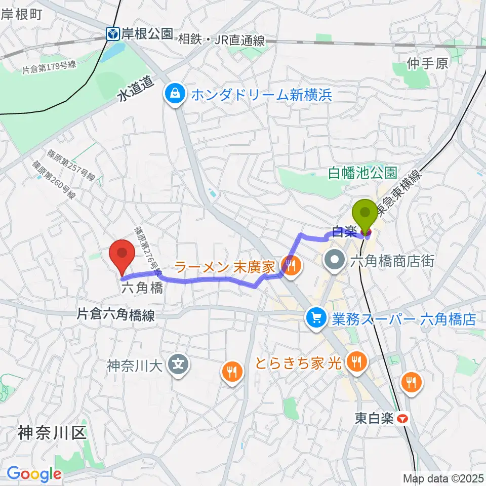 白楽駅から横田ピアノ教室へのルートマップ地図