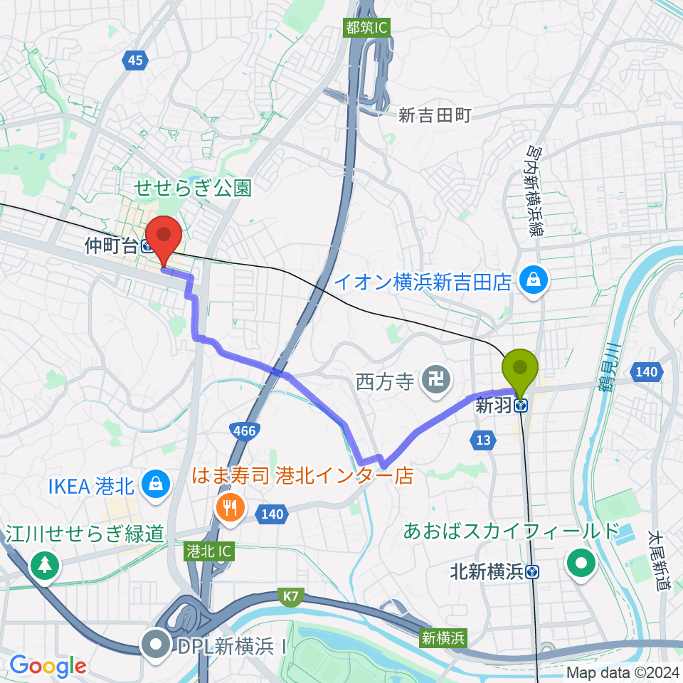 新羽駅からエルフラット音楽教室へのルートマップ地図