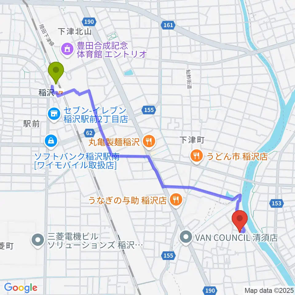 リュウケイミュージックネットの最寄駅稲沢駅からの徒歩ルート（約25分）地図