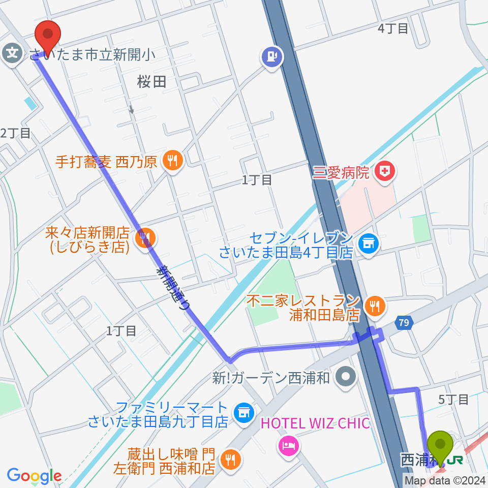 前場裕介ギター教室の最寄駅西浦和駅からの徒歩ルート（約18分）地図