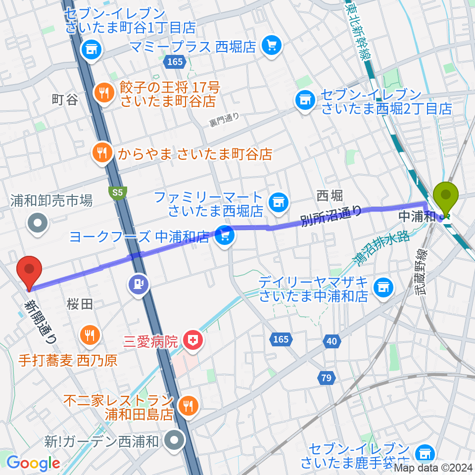 中浦和駅から前場裕介ギター教室へのルートマップ地図