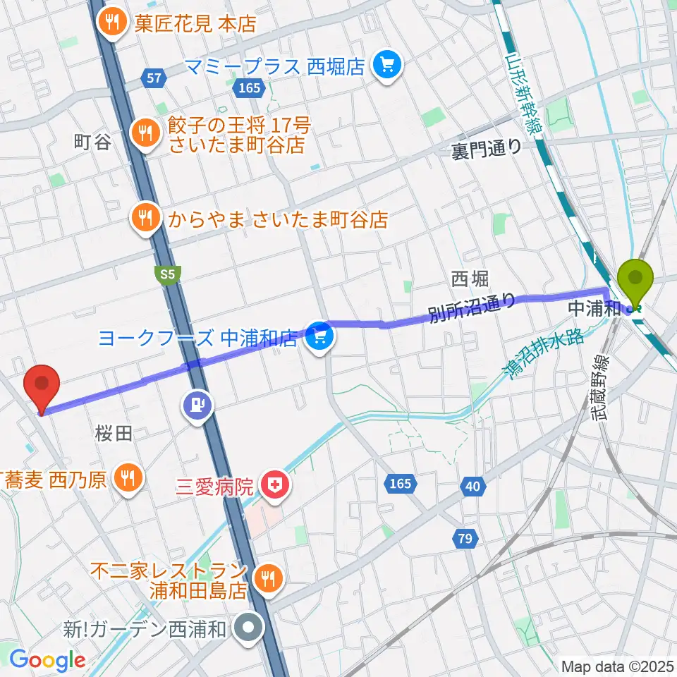 中浦和駅から前場裕介ギター教室へのルートマップ地図