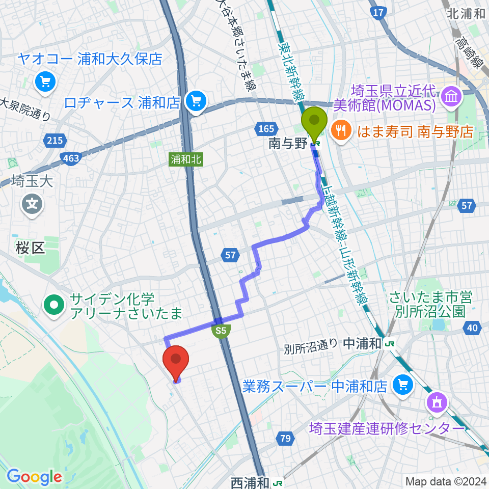 南与野駅から前場裕介ギター教室へのルートマップ地図