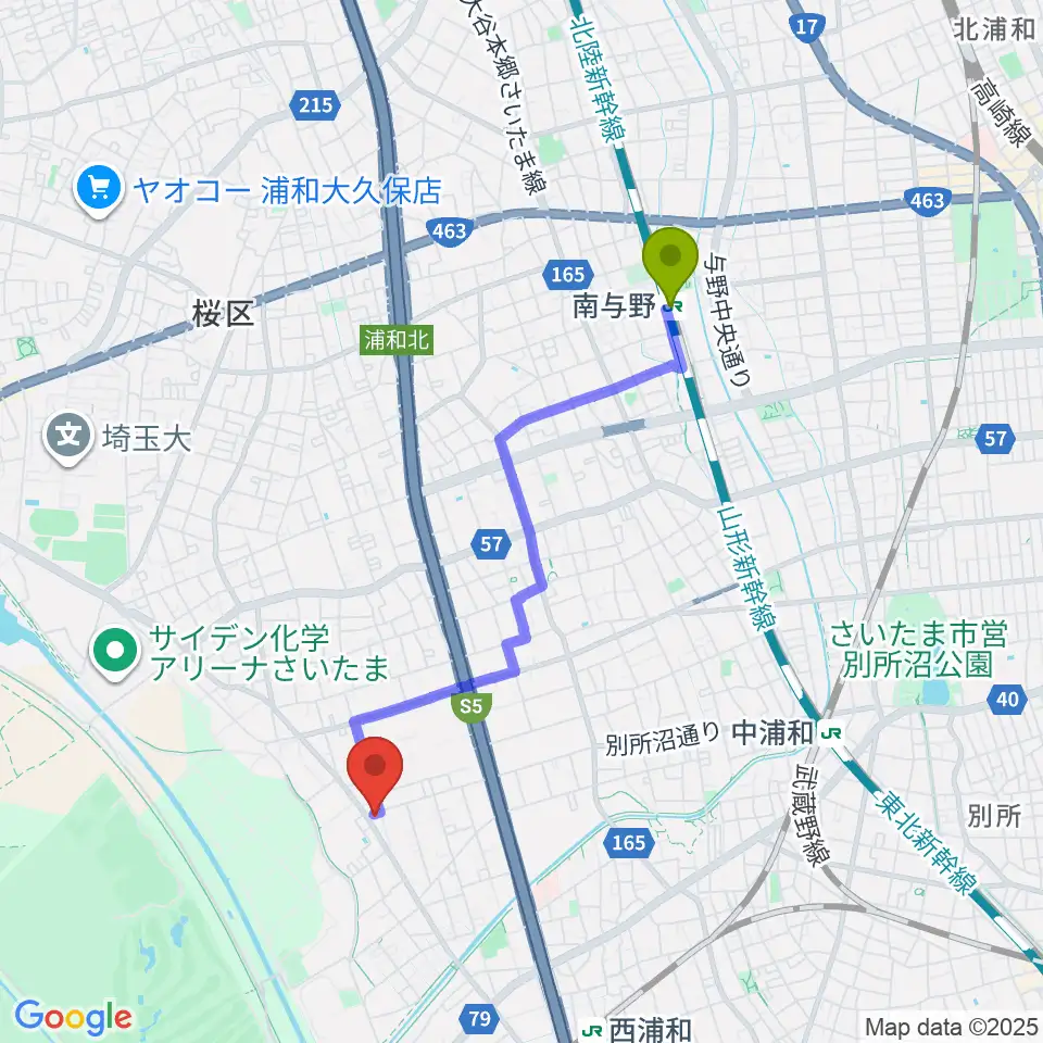 南与野駅から前場裕介ギター教室へのルートマップ地図