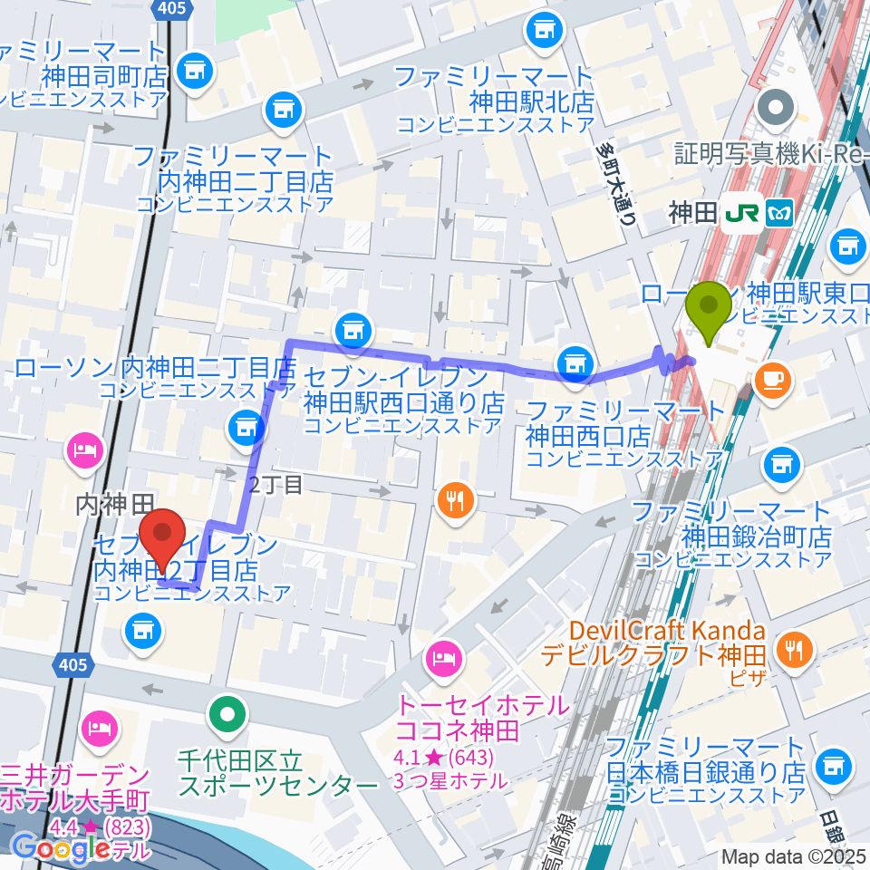 ピアノーヴァミュージックの最寄駅神田駅からの徒歩ルート（約5分）地図