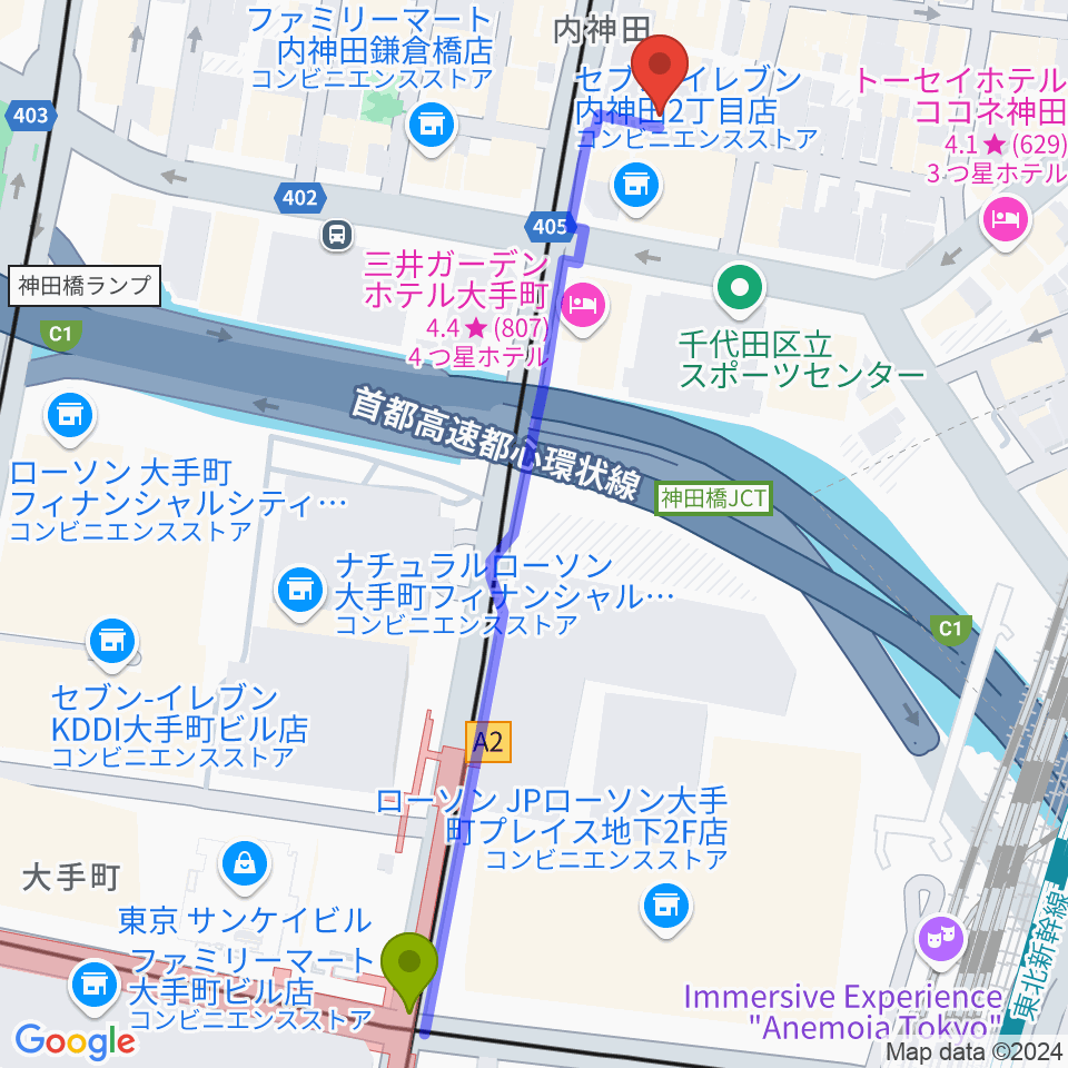 大手町駅からピアノーヴァミュージックへのルートマップ地図