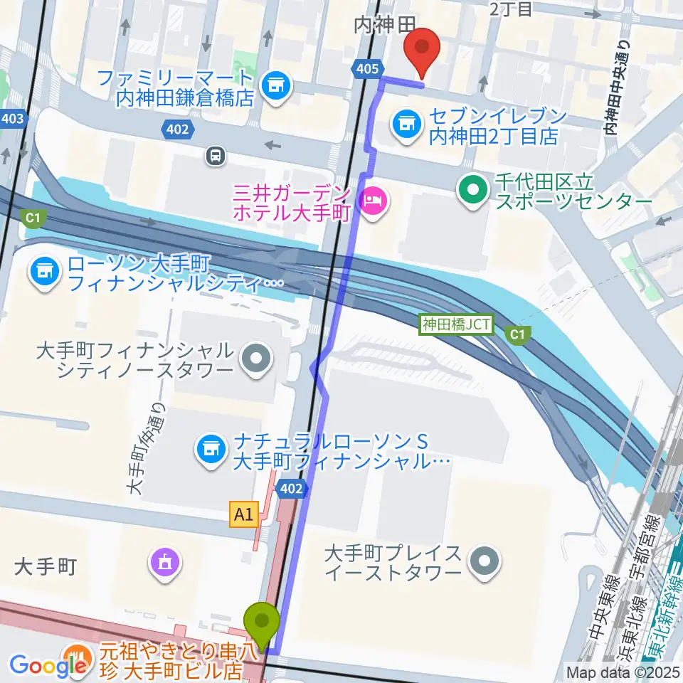 大手町駅からピアノーヴァミュージックへのルートマップ地図