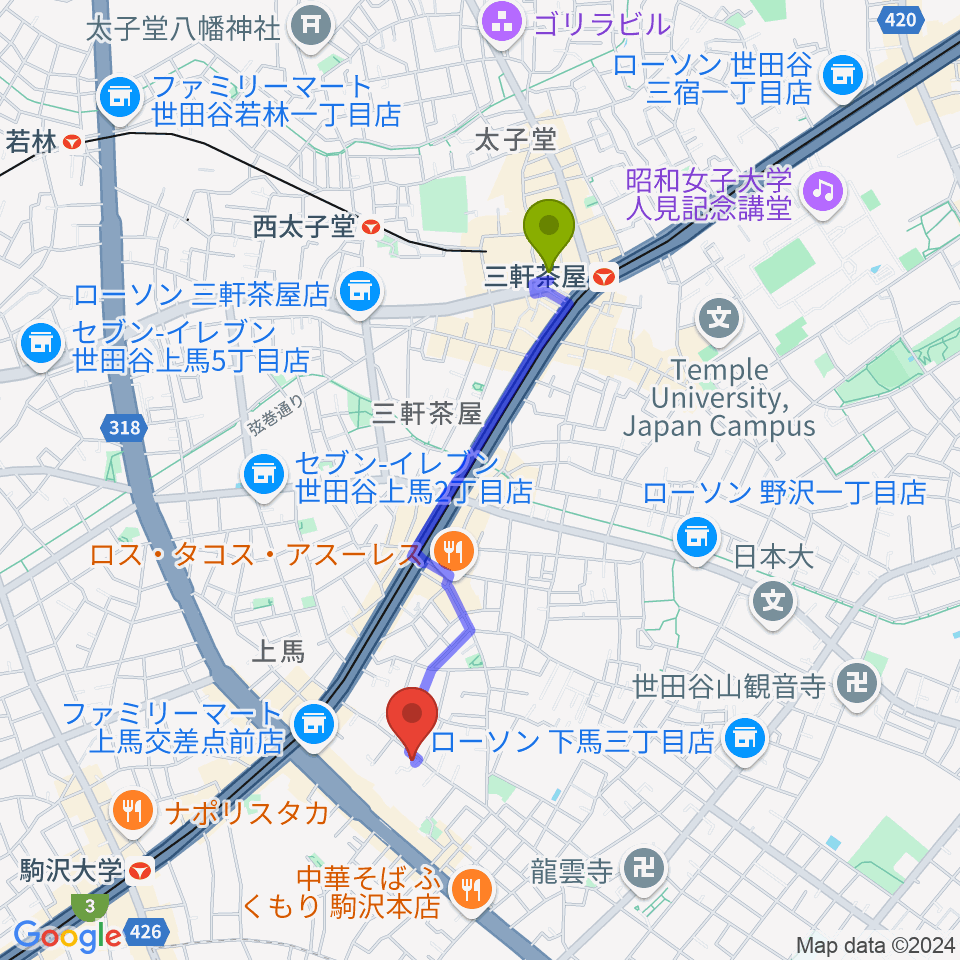 三軒茶屋駅からワンヴォイスミュージックスクールへのルートマップ地図