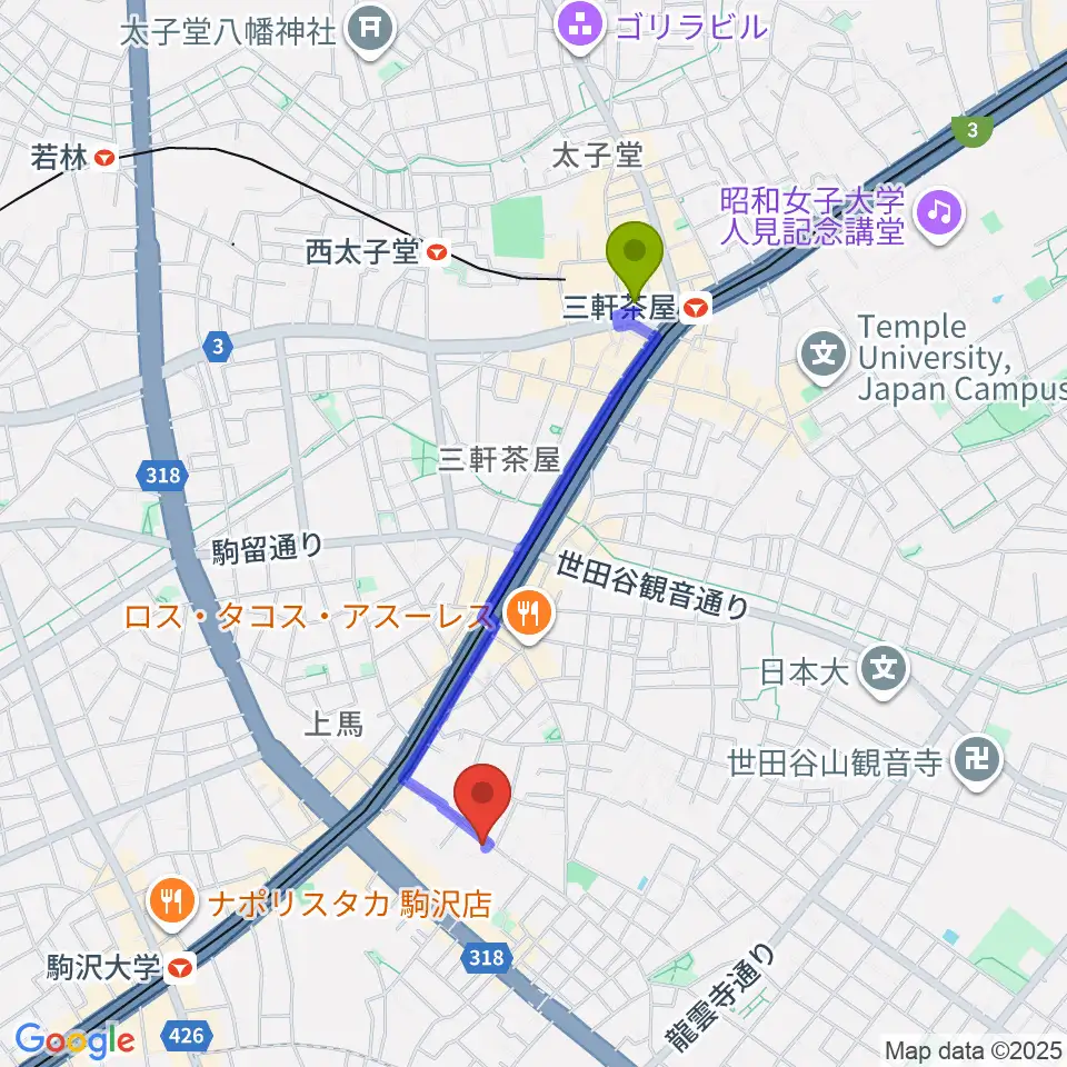 三軒茶屋駅からワンヴォイスミュージックスクールへのルートマップ地図