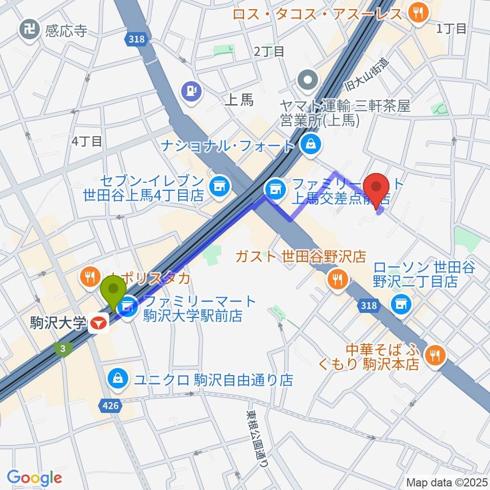 ワンヴォイスミュージックスクールの最寄駅駒沢大学駅からの徒歩ルート（約9分）地図