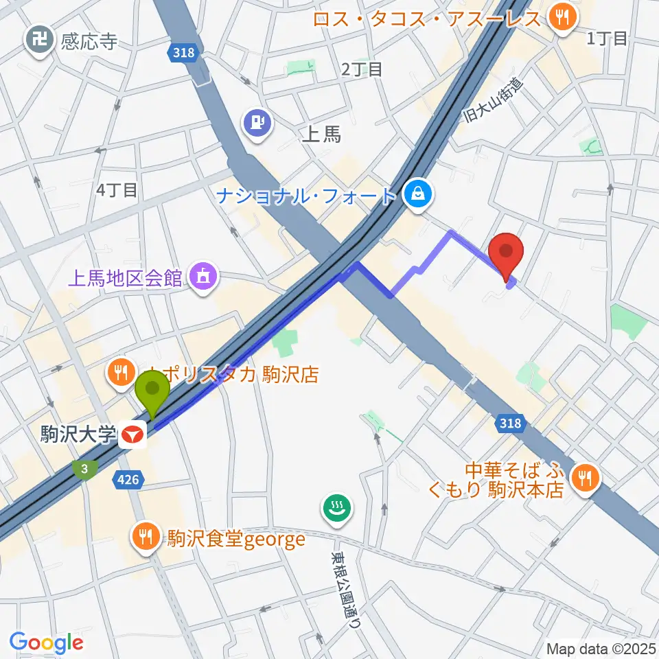 ワンヴォイスミュージックスクールの最寄駅駒沢大学駅からの徒歩ルート（約9分）地図